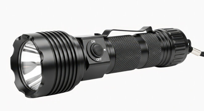 Compact tactical flashlight displayed on white background with high contrast and detailed texture