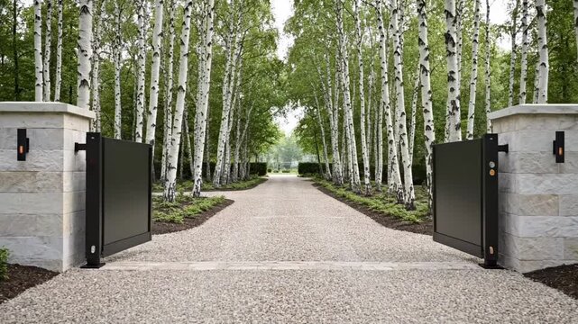 Forest-lined property entrance with contemporary driveway gates, flat black double swing panels, pale stone pillars, gravel forecourt, and rhythmic birch trees creating a serene residential view