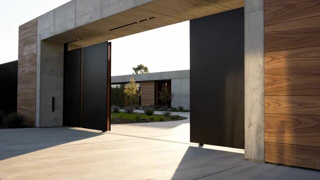 Architectural facade with contemporary driveway gates, extra-wide black segmented panels beneath a raw concrete portal, warm wood cladding, concealed lighting, and minimalist forecourt design