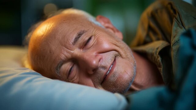 An Intimate Moment: A Senior Man Relaxing in Bed with a Soft Smile, Captured in Two Frames to Showcase His Gentle Expression and Peaceful Ambiance