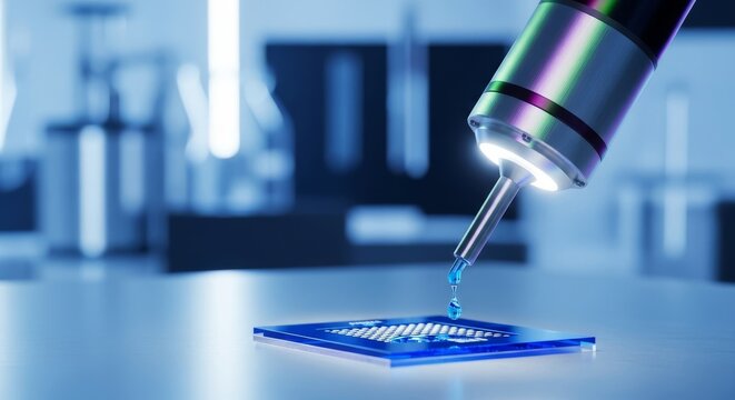 Automated robotic arm executing highly accurate fluid dispensing for specialized pharmaceutical preparation inside a sterile medical laboratory, automated arm, quality control, computerized