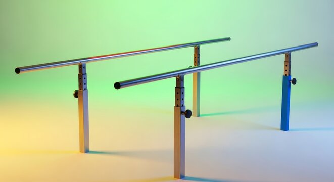 Sturdy adjustable parallel bars used for gait training and balance practice during therapeutic recovery sessions in a healthcare setting, training, clinic, equipment