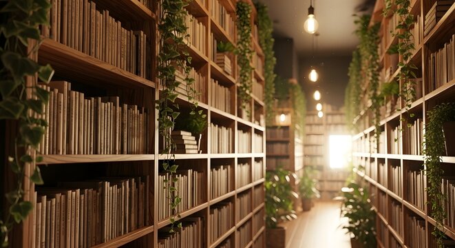 A quiet old library interior with long shelves filled with books and folders arranged neatly along a corridor