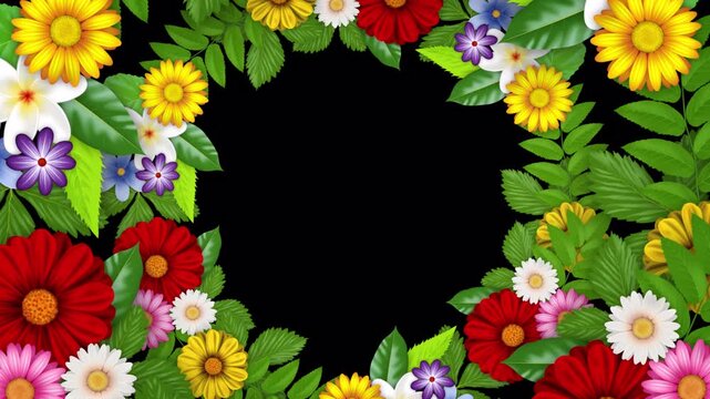 Spring floral border with colorful blooming flowers and green leaves on alpha channel transparent background