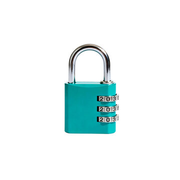 Turquoise Teal Combination Padlock Isolated on White Background, 3-Digit Security Dial Lock for Travel Luggage, Safety and Protection Concept.