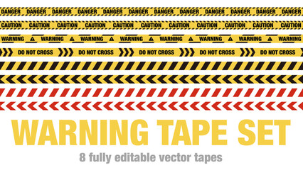 Warning tape set with 8 fully editable vector designs including danger, caution, and chevron styles. Ideal for construction, safety, and alert-themed graphic projects.  © Flower images