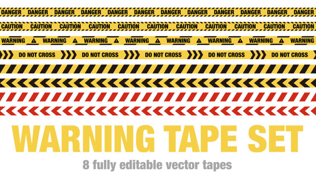 Warning tape set with 8 fully editable vector designs including danger, caution, and chevron styles. Ideal for construction, safety, and alert-themed graphic projects.
