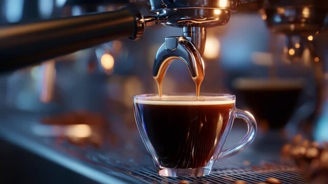 Brewed Perfection: A Close-Up of Espresso Extraction Showing Rich Dark Liquid Flowing into a Clear Cup from a High-End Coffee Machine