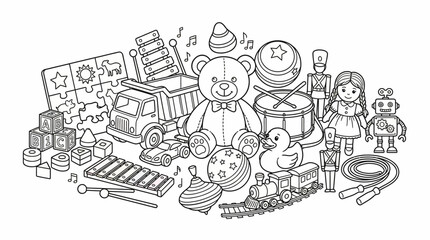 Fototapeta premium Black and white line art illustration of a large assortment of children's toys, including a teddy bear, truck, doll, robot, and musical instruments.