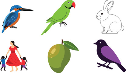 Fototapeta premium Colorful Illustration Set Featuring Birds Rabbit Family Scene and Mango Fruit in Flat Minimal Vector Style Collection