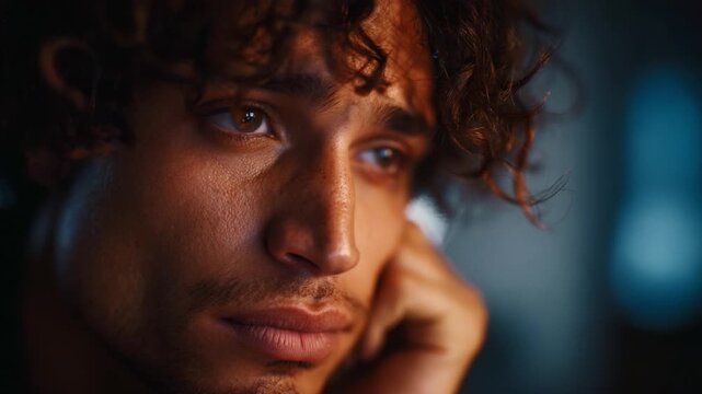 A close-up portrait of a pensive young man with curly hair and expressive eyes, immersed in deep thought or reflection, conveying a range of emotions in soft lighting.