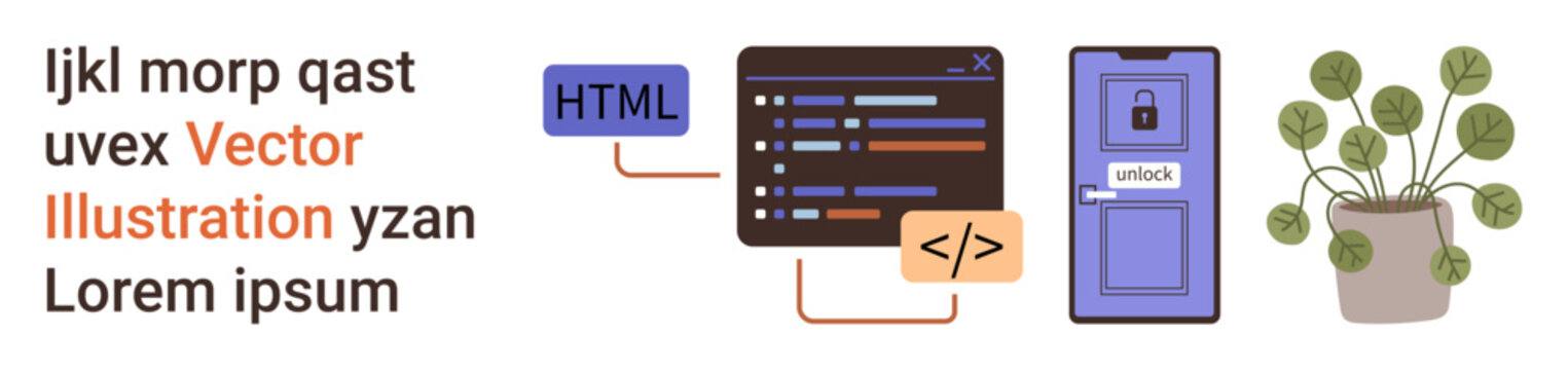 Web development, security, coding, user interface, data protection, software workflow. Code editor and smartphone with lock screen next to a potted plant. Web development and security concept