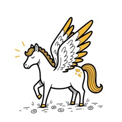 Fototapeta premium Cute Cartoon Pegasus with Golden Wings and Mane.