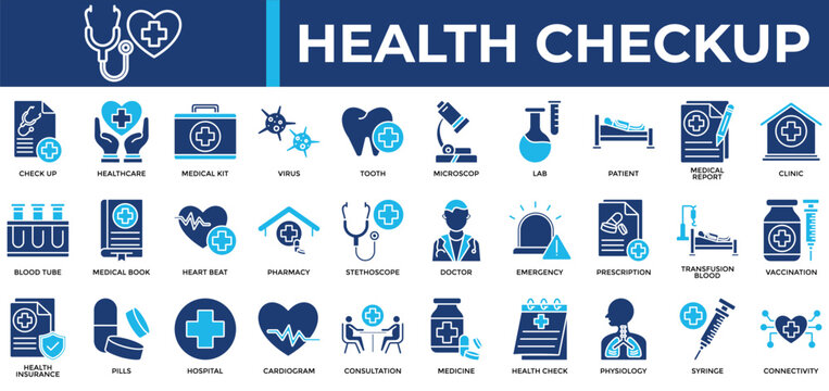 
Health Checkup icon set collection. Containing genetic, connectivity, anatomy, cog, info, lab, report .Solid vector icons collection