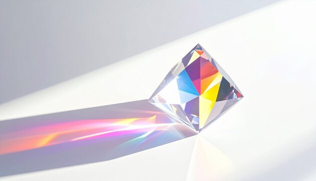 3D multicolor diamond prism refracting rainbow light spectrum on white background