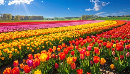 Fototapeta premium Vibrant multicolor tulip field in full bloom under sunny blue sky