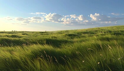 Obraz premium Serene summer meadow with wild grass under blue sky and soft sunlight
