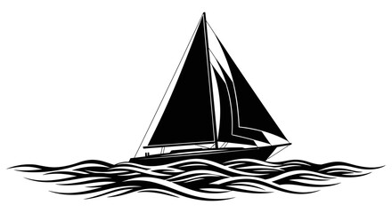 Black and white illustration of a sailboat gliding across wavy waters with triangular sails © Muhammad