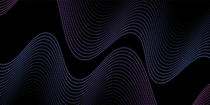 Flowing dots particles wave pattern pink and blue isolated on black, background. Vector in concept of technology, science, music, modern. eps 10