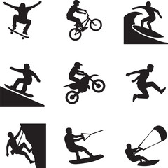 Fototapeta premium Extreme sports silhouette icons, 9 action athlete vector elements, outdoor adventure set
