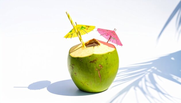 Fresh Green Coconut Cocktail with Straw and Colorful Umbrellas on White Background
