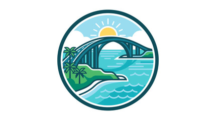 Obraz premium Scenic Bridge Over Ocean in a Circular Badge