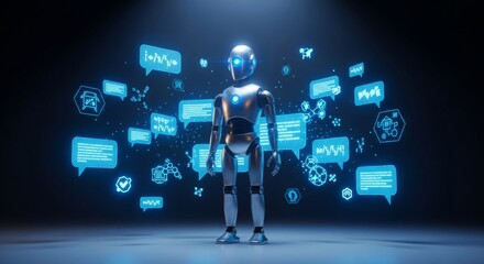 Obraz premium A sleek metallic robot stands in a dark studio surrounded by glowing blue holographic message bubbles and floating digital icons of light, silver, luminous, holographic