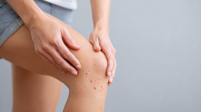 A Close-Up Look at a Woman's Knee with Skin Irritation, Highlighting Symptoms Such as Red Bumps and Discomfort in the Affected Area for Medical Insight