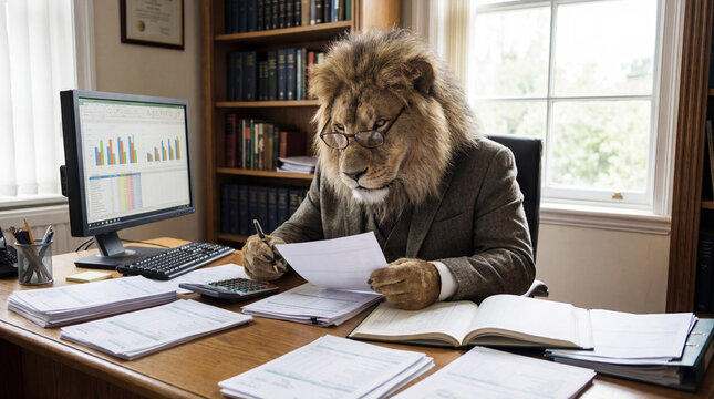 A lion in a business suit works at a desk with papers and a computer