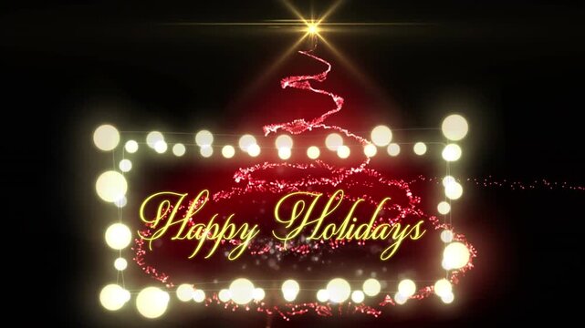 Animation of happy holidays text over fairy lights and christmas tree