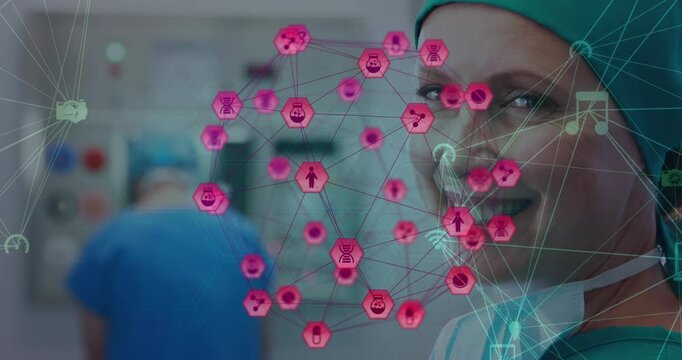 Animation of network of connections with icons over smiling caucasian female surgeon