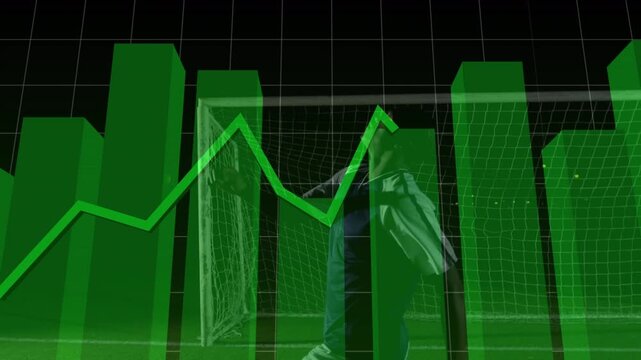 Animation of graphs and data over african american soccer player at stadium