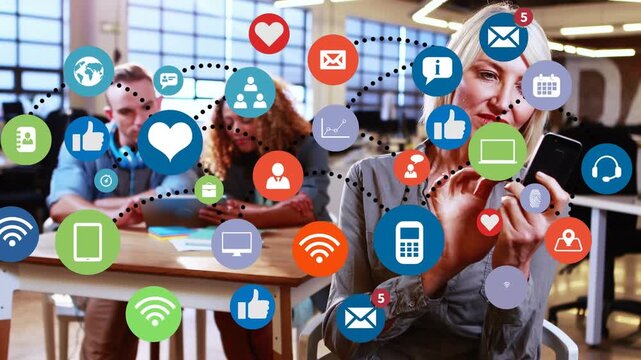Animation of social media icons and numbers over woman wearing vr headset