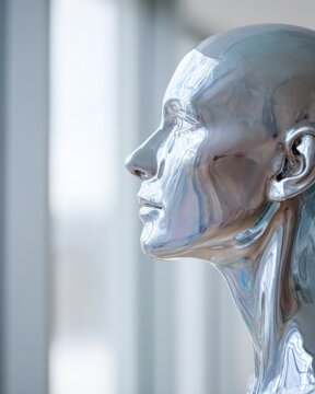 A Polished Chrome Sculpture of a Human Face with a Serene Expression, Captured Against a Modern Architectural Background