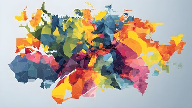 Add vibrant, unique art to your project with this abstract geometric world map illustration. Perfect for background, digital design, and multi-color graphic needs. SEO friendly & visually distinct.