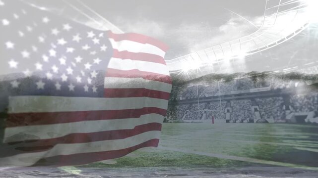 Composite video of waving american flag over waves in the sea against sports stadium