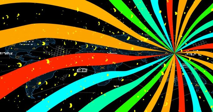 Animation of colorful stripes over world map on black background