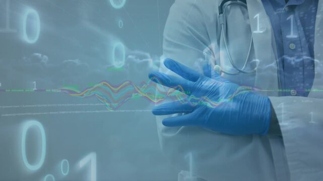 Animation of data processing over doctor with stethoscope