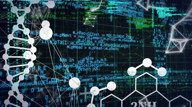 Animation of diverse data processing and dna on black background