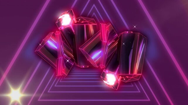 Animation of looping triangles, abstract pattern and moving illuminated star over pink background