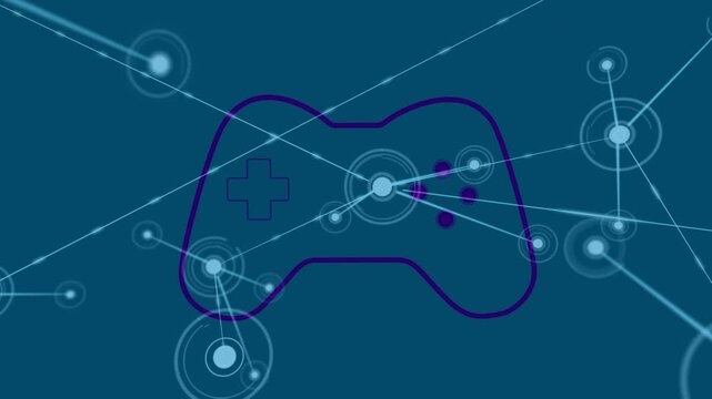 Animation of network of connections over video game controller icon against blue background