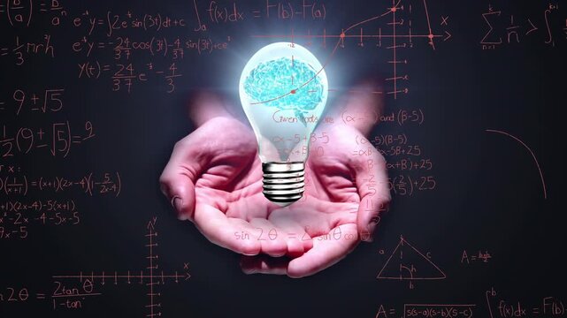 Animation of hands holding light bulb with brain over mathematical equations on black background