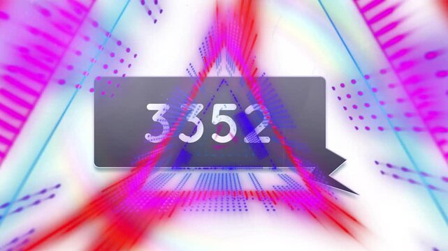 Animation of numbers in speech bubble over abstract triangle with light beams on digital interface