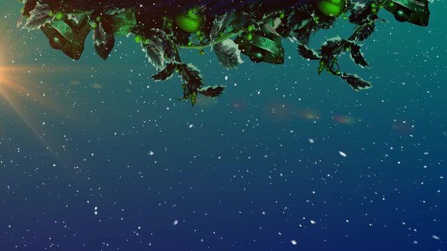 Snowflakes falling over santa claus in sleigh being pulled by reindeers against moon in night sky