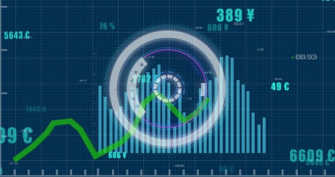 Animation of round scanner over statistical data processing against blue background