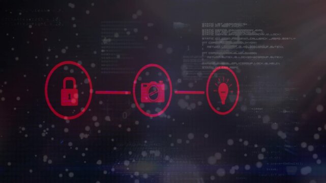 Animation of digital data processing and security icons over black background
