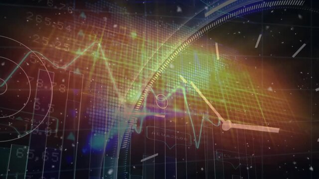 Animation of snow falling and light spots over data processing with clock on black background