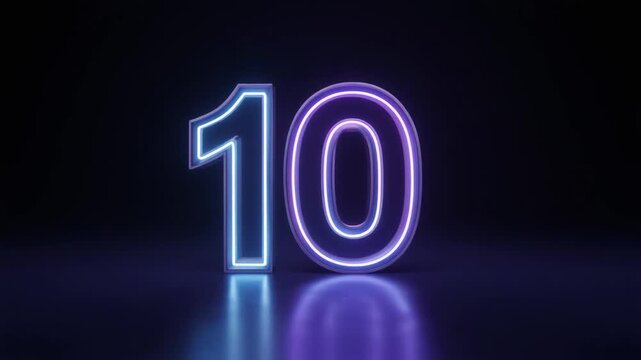 Dynamic neon number ten illuminated with vibrant blue and purple glow, reflecting on a dark, sleek surface, symbolizing countdowns, anniversaries, or achievements in a modern context