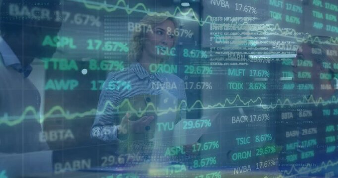 Animation of trading board, binary codes, computer language on diverse coworkers discussing reports