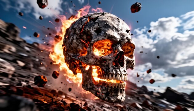 exploding zombie skull with fiery debris in apocalyptic battle scene, dramatic cinematic lighting
